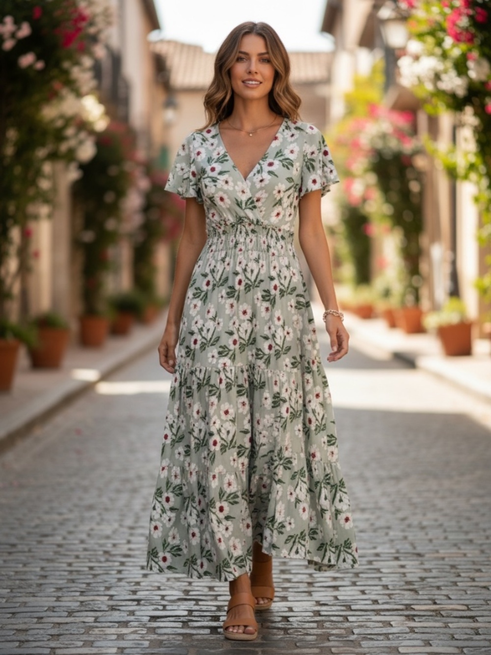 Women’s Floral Print V-Neck Maxi Dress - Picture 10 of 11